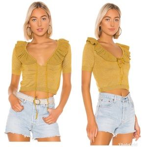 Revolve Lovers and Friends Ivy Ruffle Tie Neck Cropped Sparkle Sweater XL NWT
